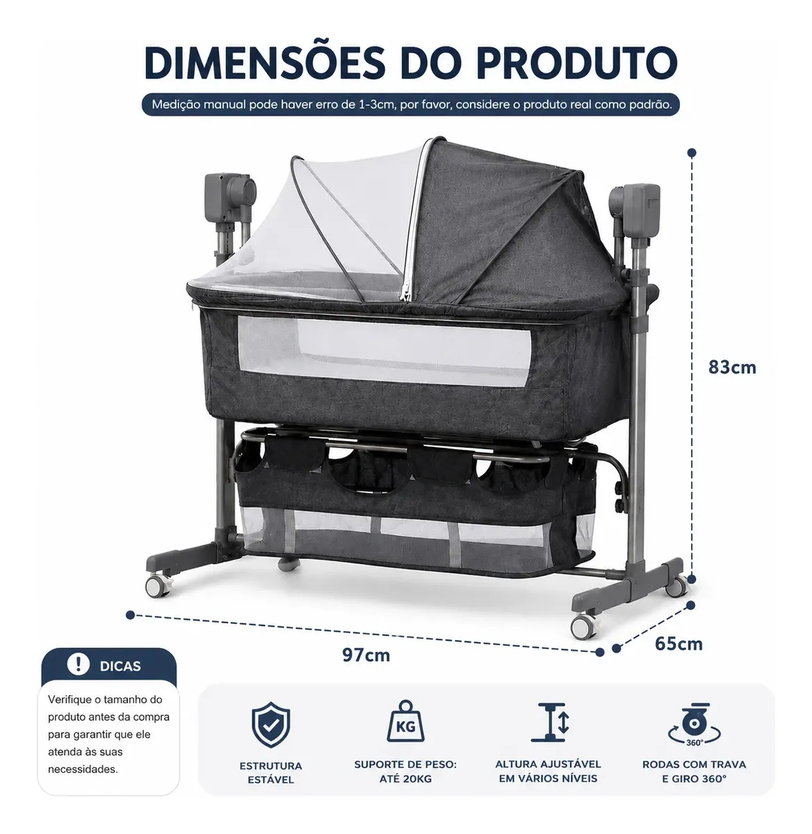 Berço Infantil Balanço Automático Regulável com Mosqueteiro e Segurança