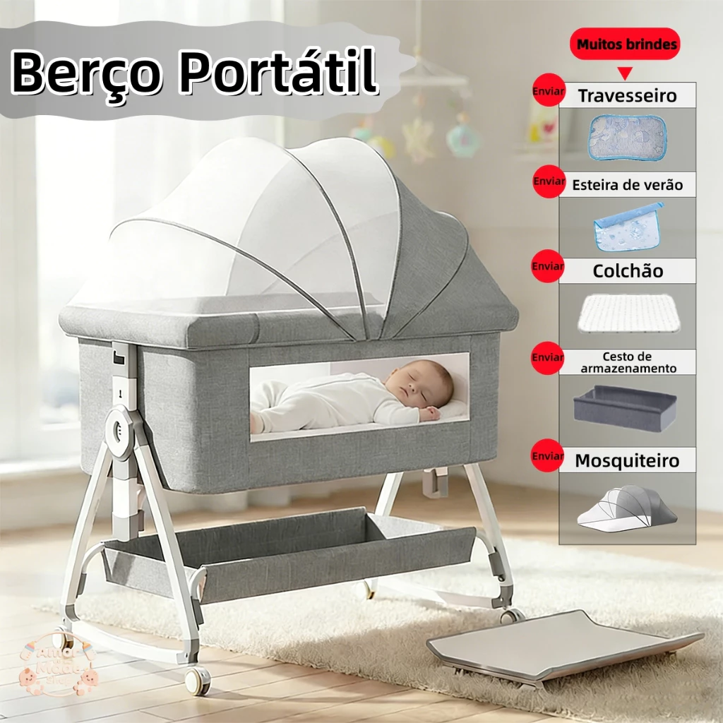 Berço Infantil Balanço Automático Regulável com Mosqueteiro e Segurança